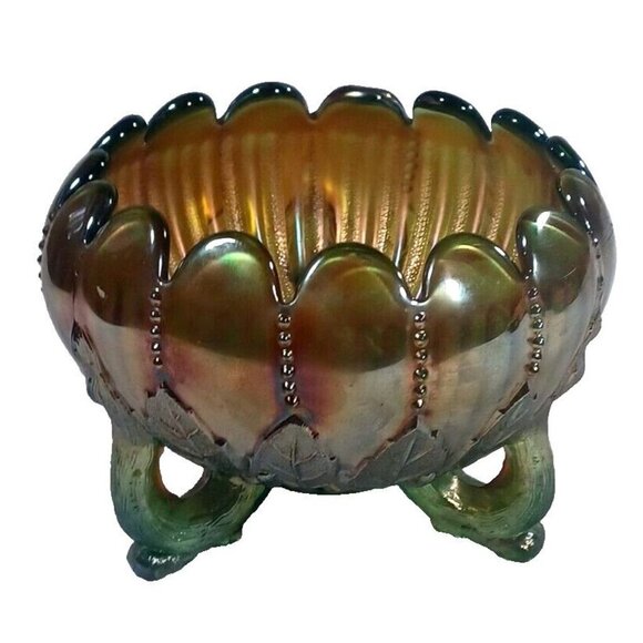 Vintage Northwood Aqua Opal Carnival Glass Leaf & Beads Footed Rose Bowl - Picture 6 of 16